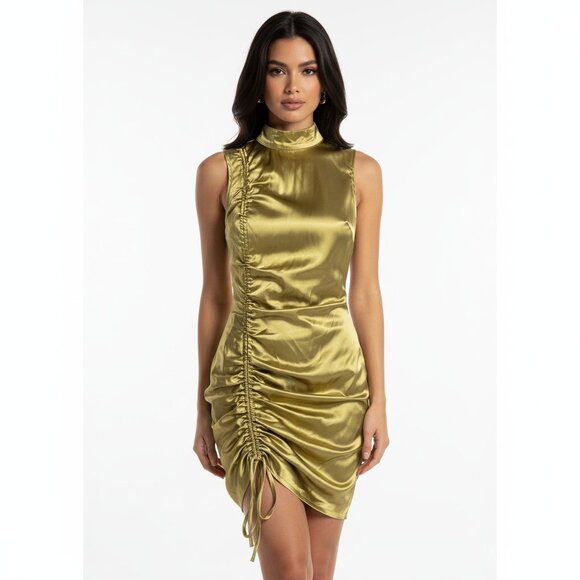 Pretty Little Thing Metallic Shiny Dress Ruched Size 4 Asian Inspired High Neck - Picture 1 of 4